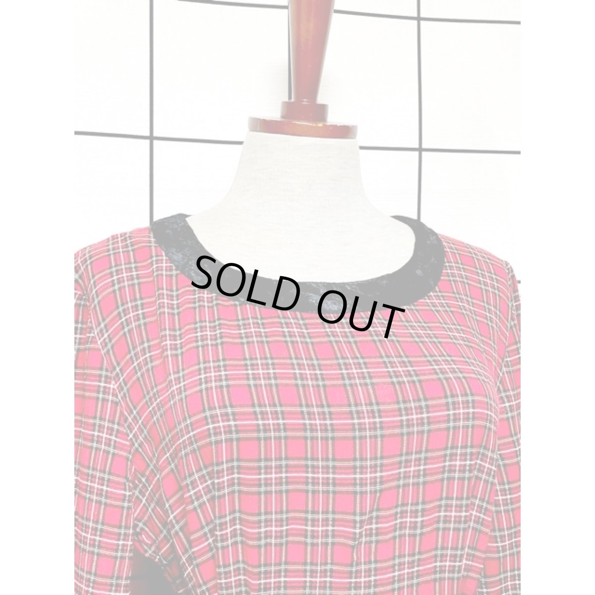 画像7: タータンチェック ベルベット切り替え リボン ヴィンテージ アメリカ古着 ワンピース (7)