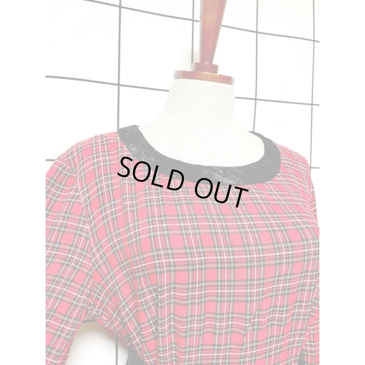 画像8: タータンチェック ベルベット切り替え リボン ヴィンテージ アメリカ古着 ワンピース (8)