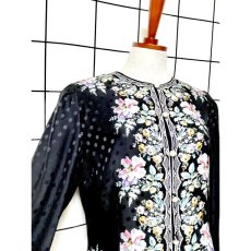 画像6: チャイナ風ボタン 花柄 ドット織り ブラック レトロ 古着 シャツ ヴィンテージブラウス (6)
