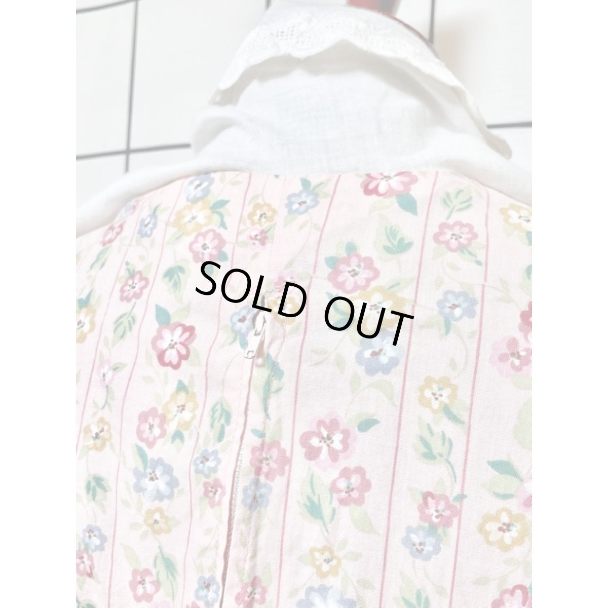 画像8: レース襟 ビッグカラー 花柄 ストライプ パフスリーブ レトロ アメリカ古着 ヴィンテージワンピース (8)