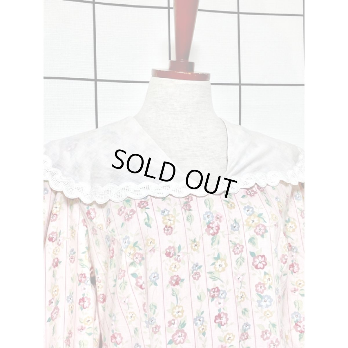 画像5: レース襟 ビッグカラー 花柄 ストライプ パフスリーブ レトロ アメリカ古着 ヴィンテージワンピース (5)