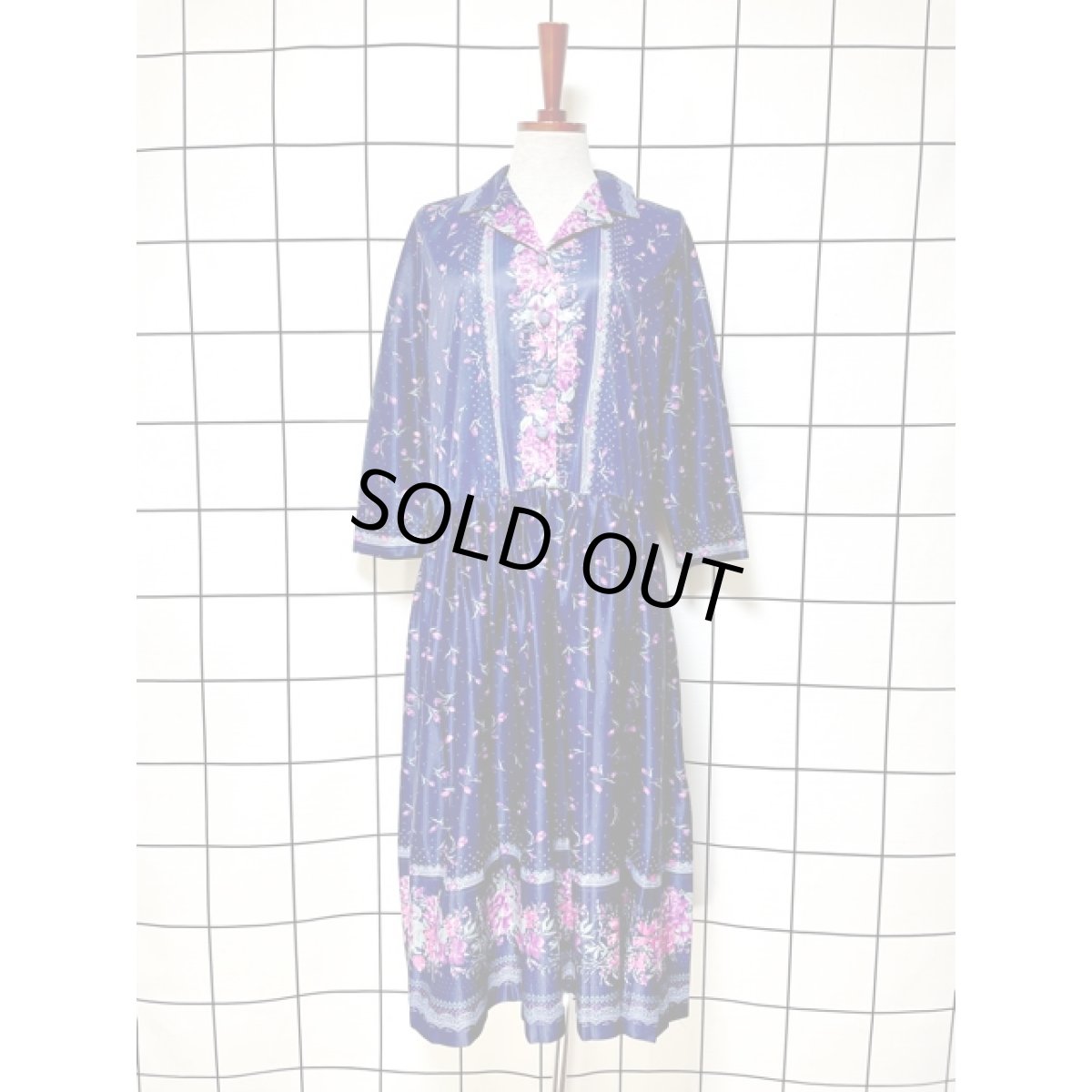 画像1: 花柄 ドット柄 ネイビー ウエストゴム レトロ アメリカ古着 ヴィンテージ ワンピース (1)