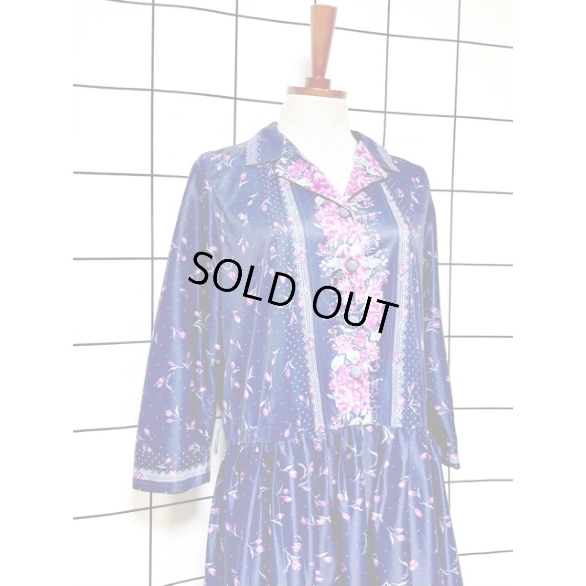 画像3: 花柄 ドット柄 ネイビー ウエストゴム レトロ アメリカ古着 ヴィンテージ ワンピース (3)