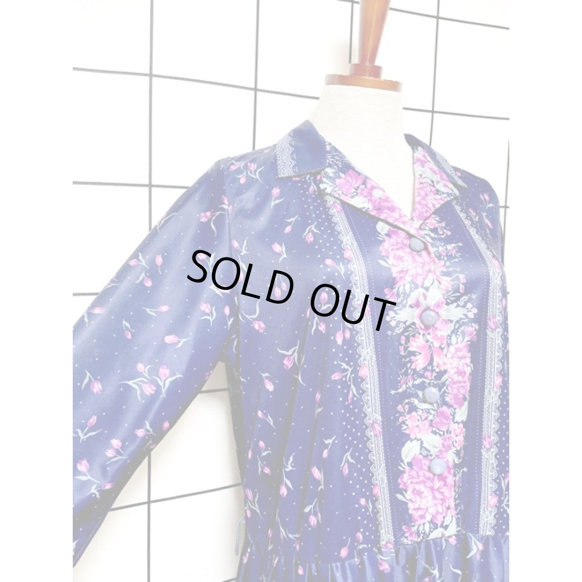 画像6: 花柄 ドット柄 ネイビー ウエストゴム レトロ アメリカ古着 ヴィンテージ ワンピース (6)