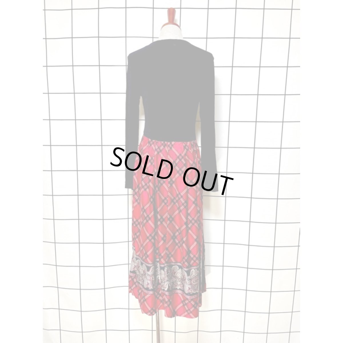 画像2: チェック切り替え ペイズリー ウエストゴム アメリカ古着 長袖 レトロ ヴィンテージワンピース (2)