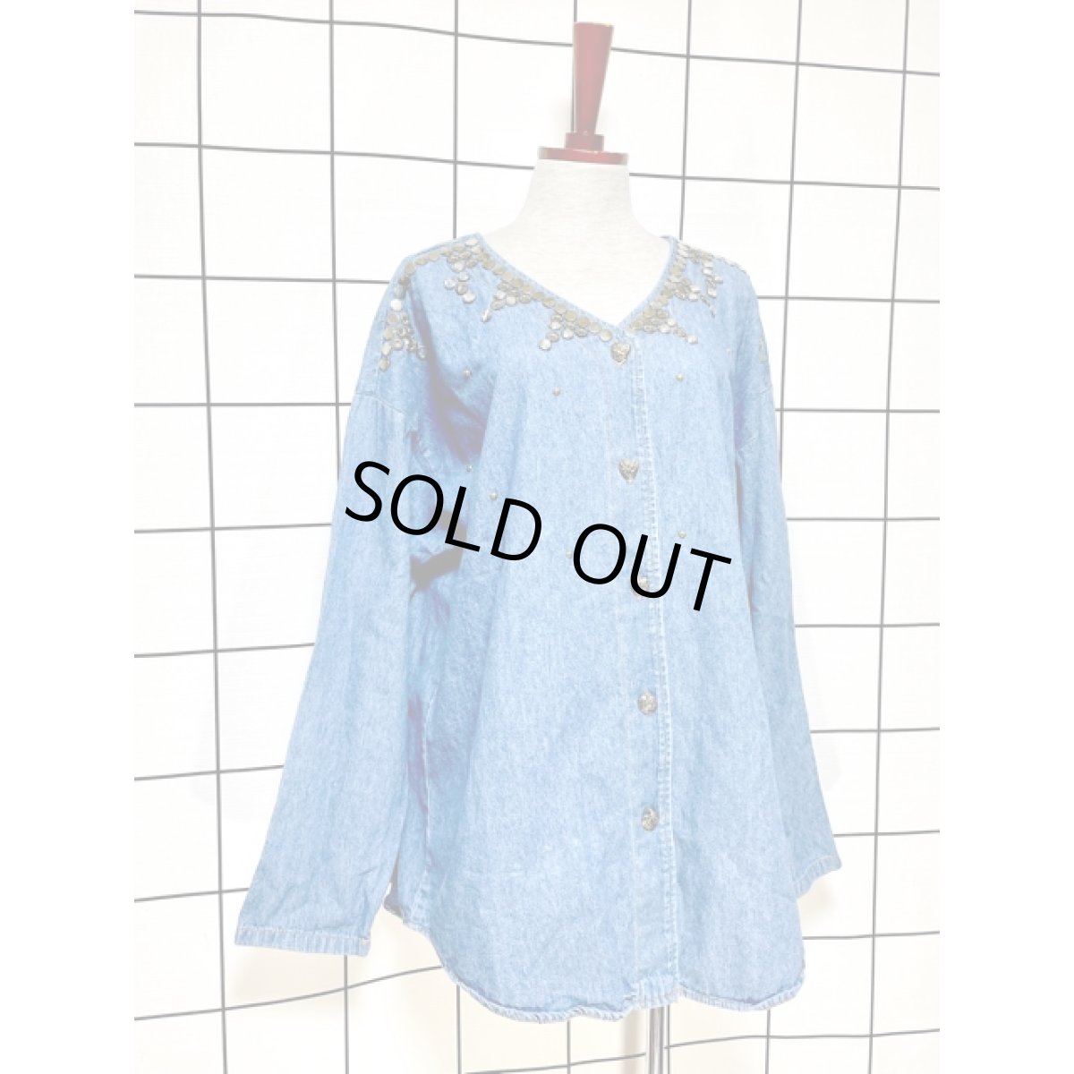 画像3: デニム オーバーサイズ スタッズ ハートボタン ノーカラー アメリカ古着 ジャケット (3)