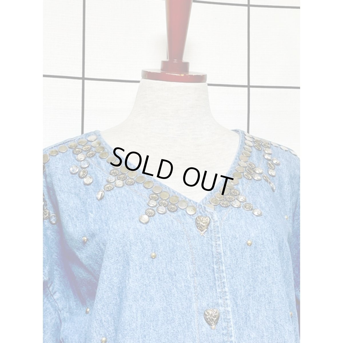 画像5: デニム オーバーサイズ スタッズ ハートボタン ノーカラー アメリカ古着 ジャケット (5)