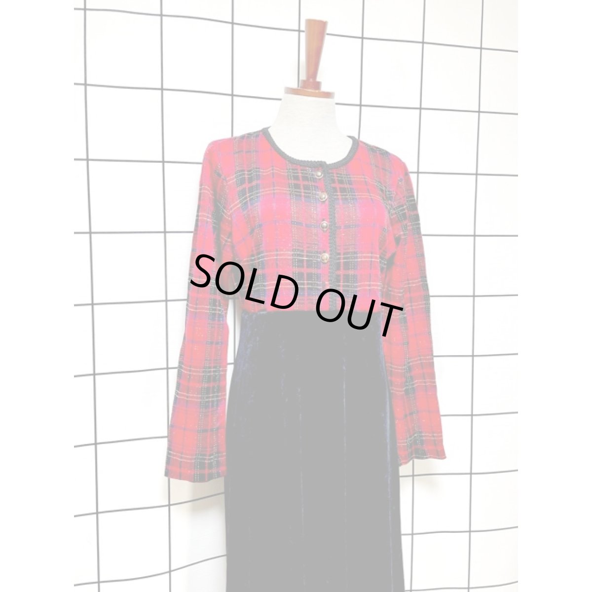 画像3: チェック ニット ベロア切り替え ブレード装飾 高級感 UNIONMADE アメリカ古着 ヴィンテージロングドレス (3)