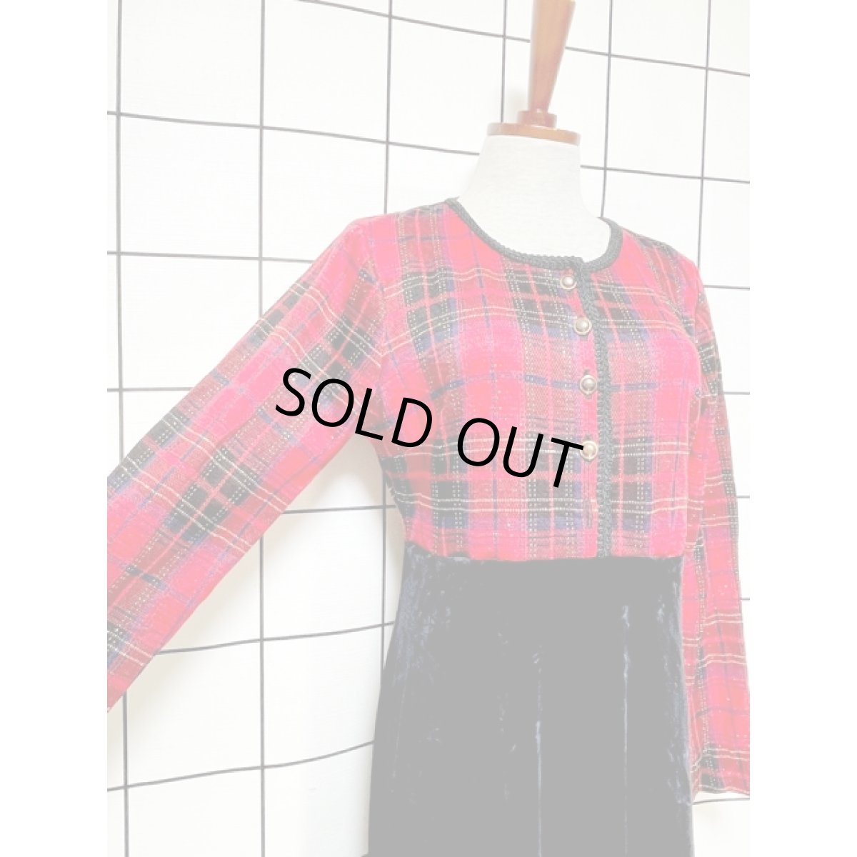 画像7: チェック ニット ベロア切り替え ブレード装飾 高級感 UNIONMADE アメリカ古着 ヴィンテージロングドレス (7)