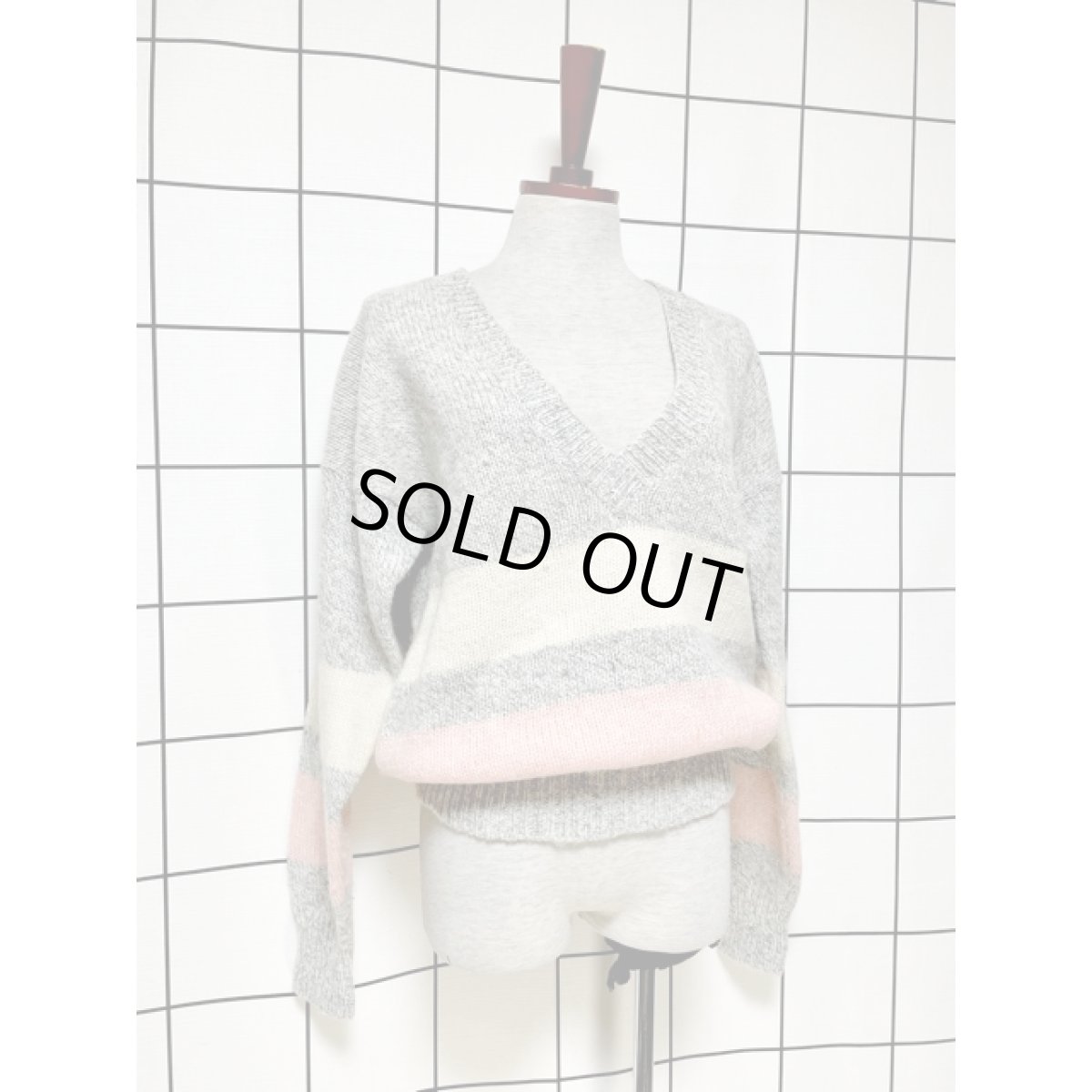 画像3: ボーダー Vネック プルオーバー グレー オフホワイト ピンク アメリカ古着 ヴィンテージ ニットセーター (3)