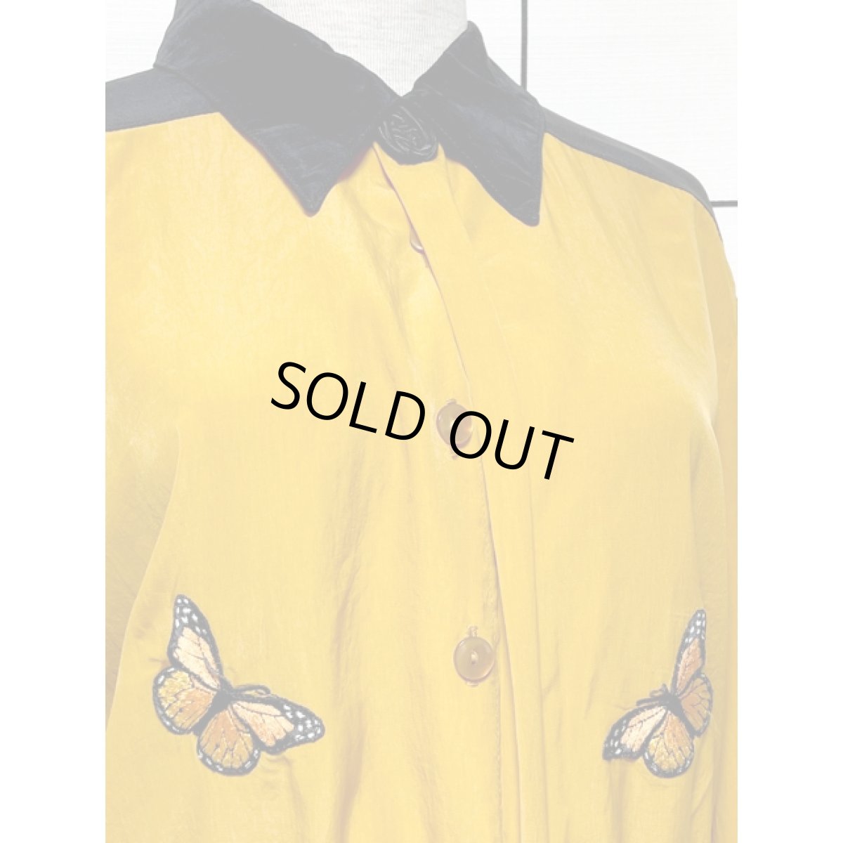 画像9: バタフライ刺繍パッチ マスタードカラー ウエストゴム レトロ 長袖 アメリカ古着 ヴィンテージワンピース (9)