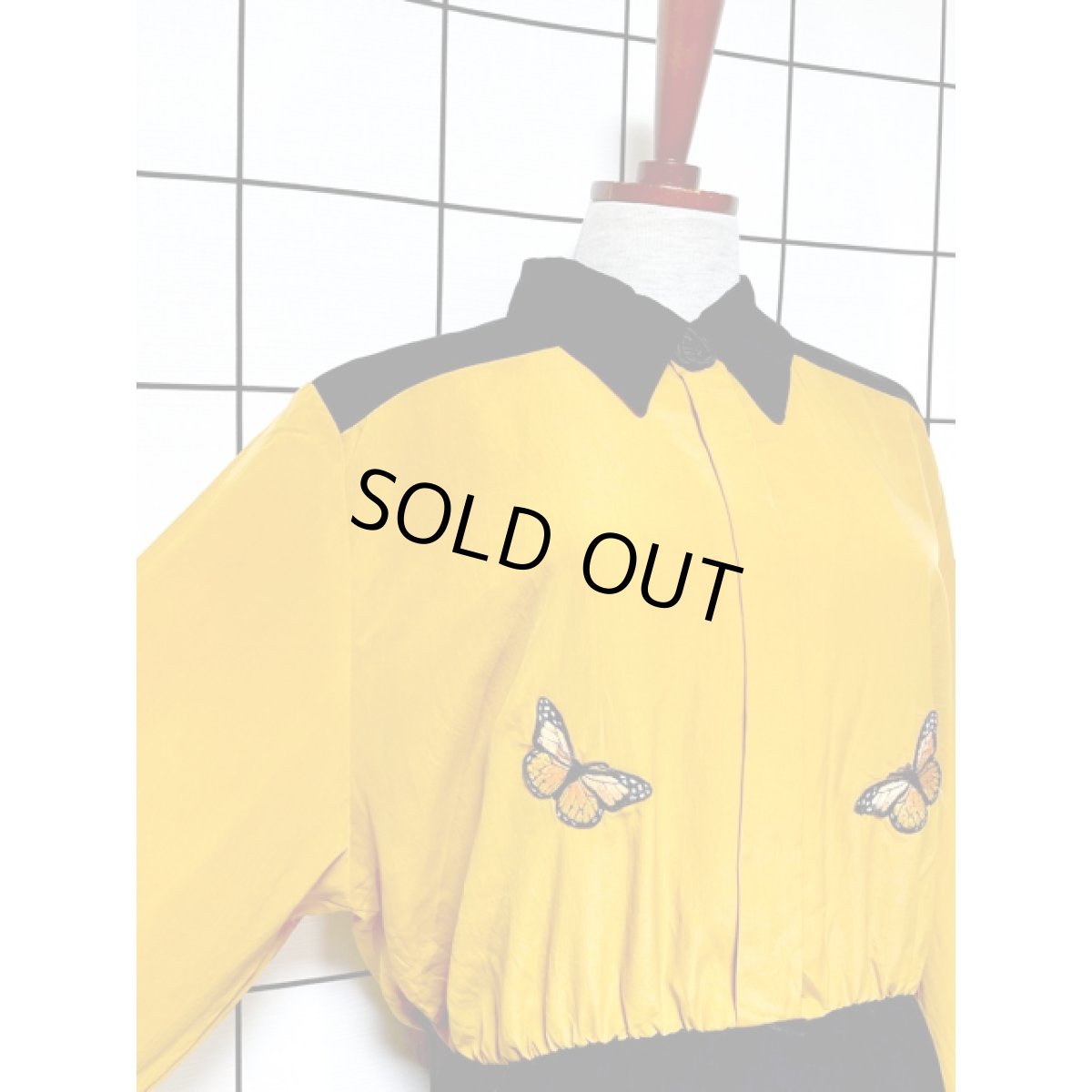 画像6: バタフライ刺繍パッチ マスタードカラー ウエストゴム レトロ 長袖 アメリカ古着 ヴィンテージワンピース (6)