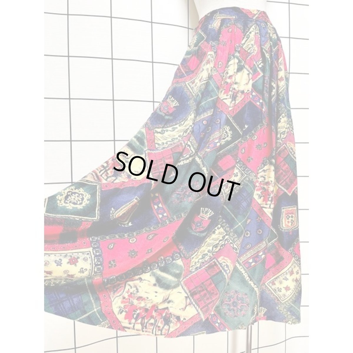 画像4: 馬柄 チェック柄 カラフル ウエストゴム レトロ アメリカ古着 ヴィンテージロングスカート (4)