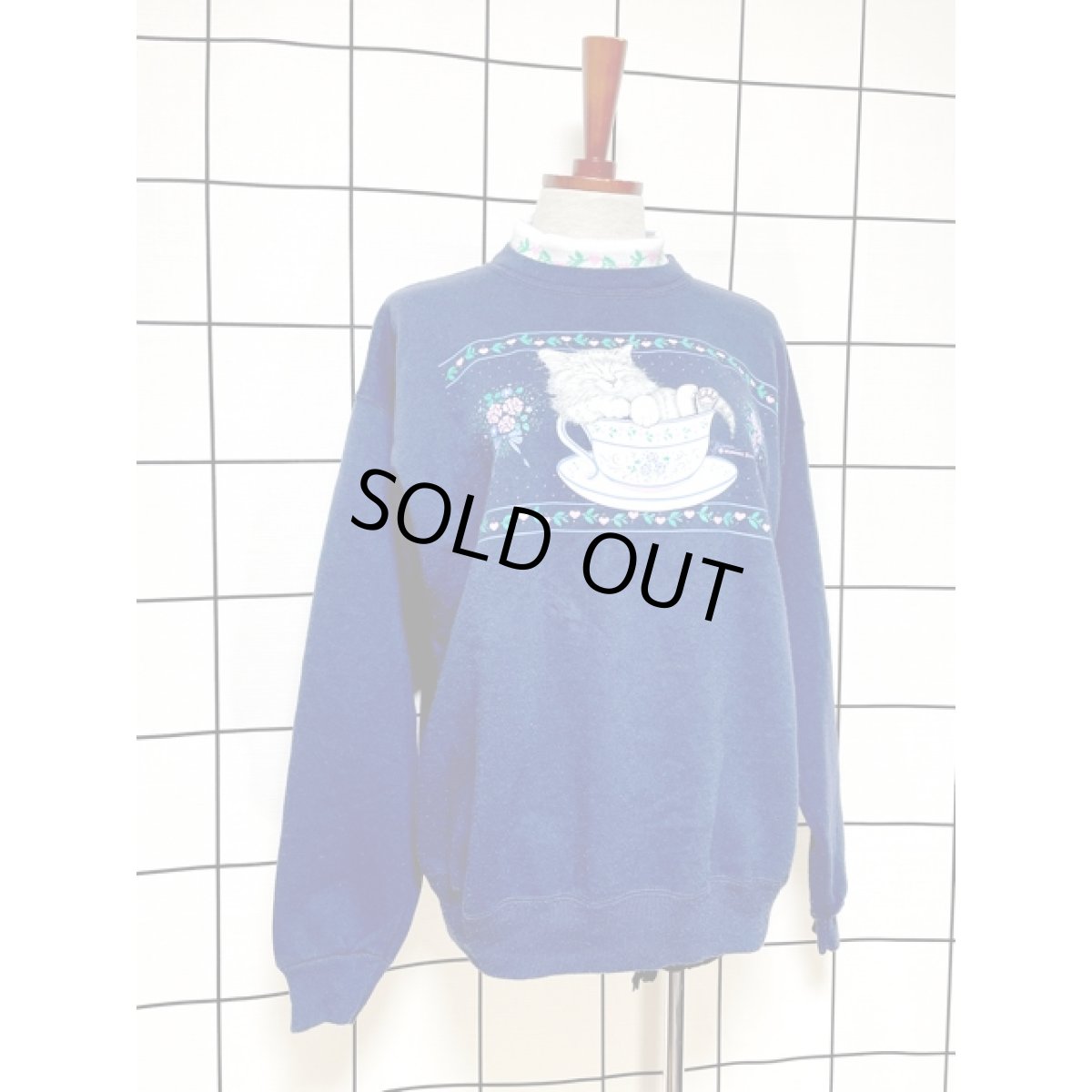 画像3: ネコ 猫 コーヒーカップ ハート ハイネック ネイビー Ｍorningsun レトロ アメリカ古着 ヴィンテージスウェット (3)