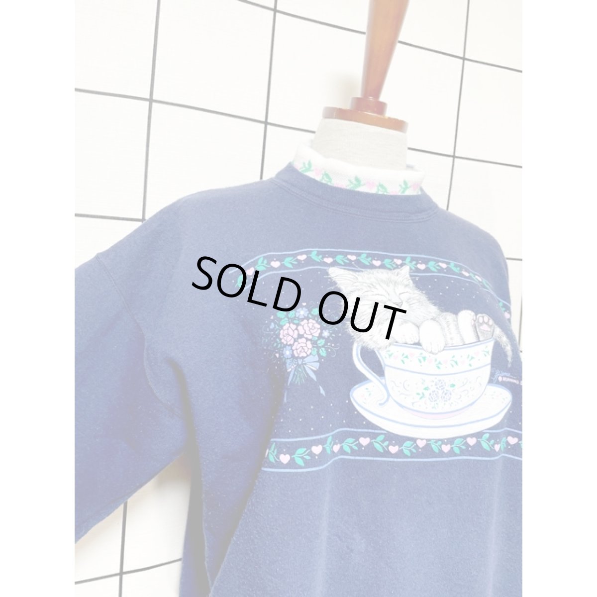 画像7: ネコ 猫 コーヒーカップ ハート ハイネック ネイビー Ｍorningsun レトロ アメリカ古着 ヴィンテージスウェット (7)