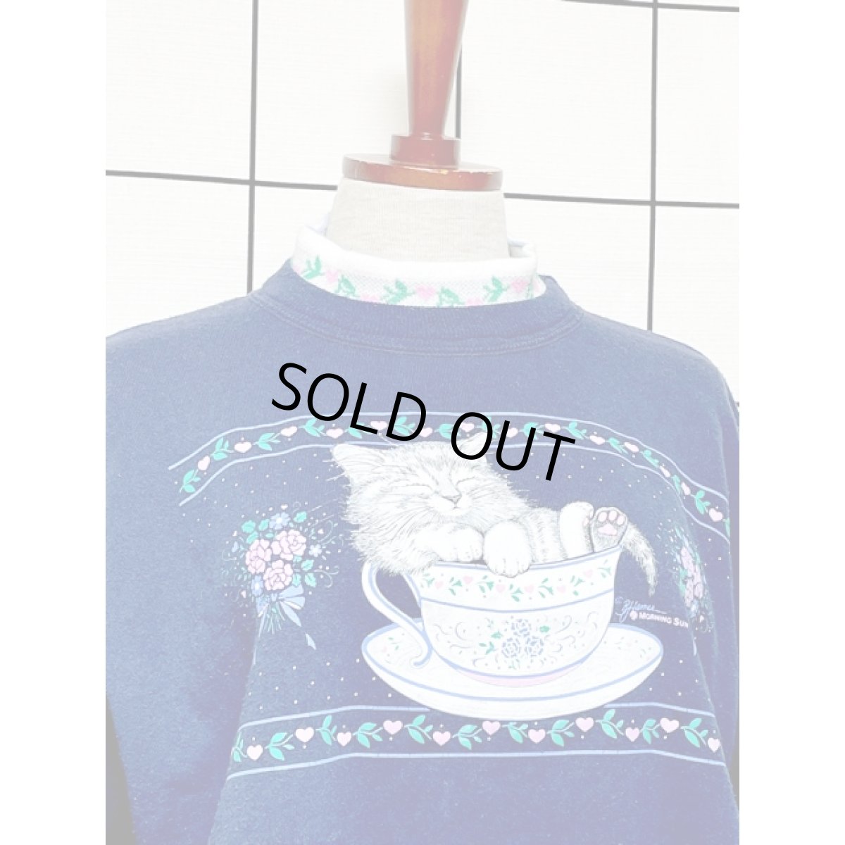 画像5: ネコ 猫 コーヒーカップ ハート ハイネック ネイビー Ｍorningsun レトロ アメリカ古着 ヴィンテージスウェット (5)