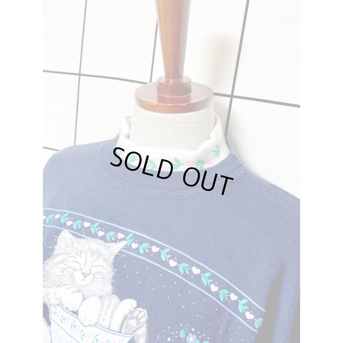画像4: ネコ 猫 コーヒーカップ ハート ハイネック ネイビー Ｍorningsun レトロ アメリカ古着 ヴィンテージスウェット (4)