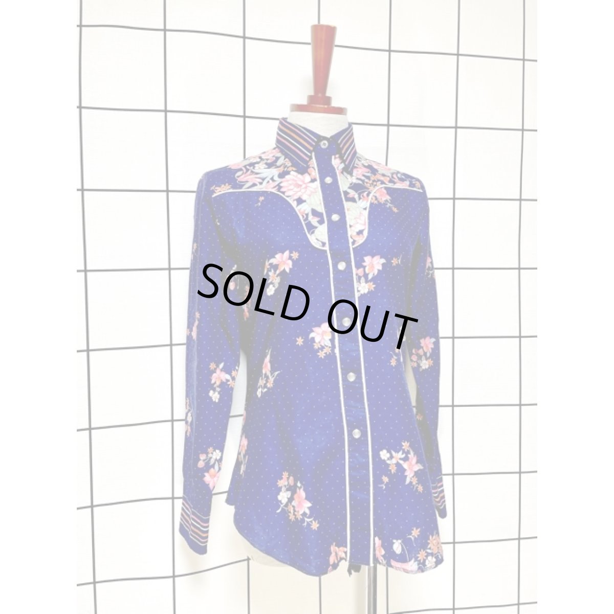 画像3: 花柄 ドット ストライプ ネイビー CANADA レトロ 古着 長袖 シャツ ヴィンテージブラウス (3)