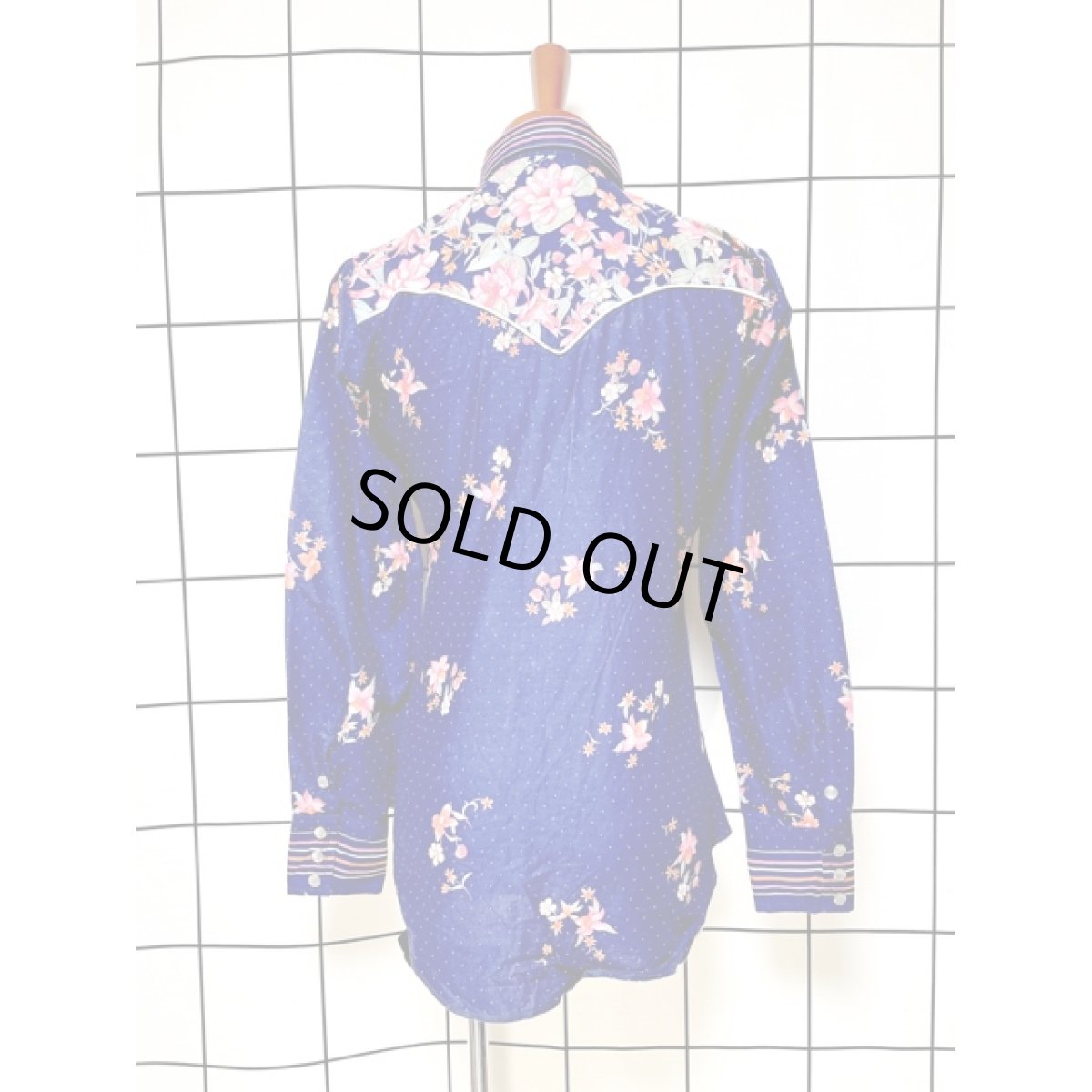 画像2: 花柄 ドット ストライプ ネイビー CANADA レトロ 古着 長袖 シャツ ヴィンテージブラウス (2)