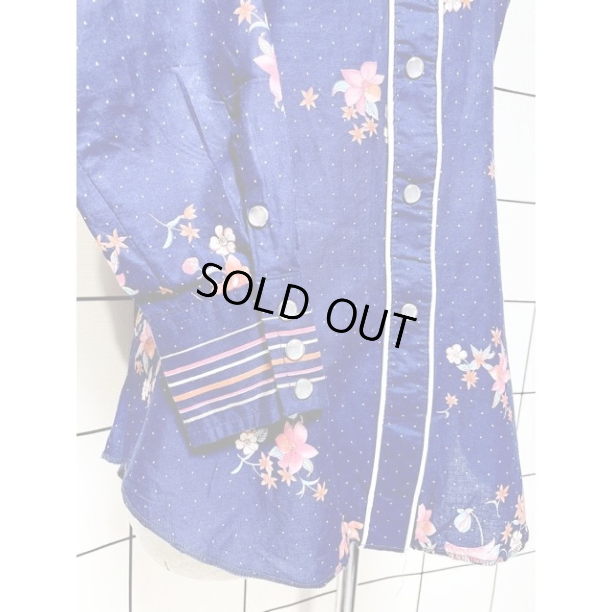 画像7: 花柄 ドット ストライプ ネイビー CANADA レトロ 古着 長袖 シャツ ヴィンテージブラウス (7)