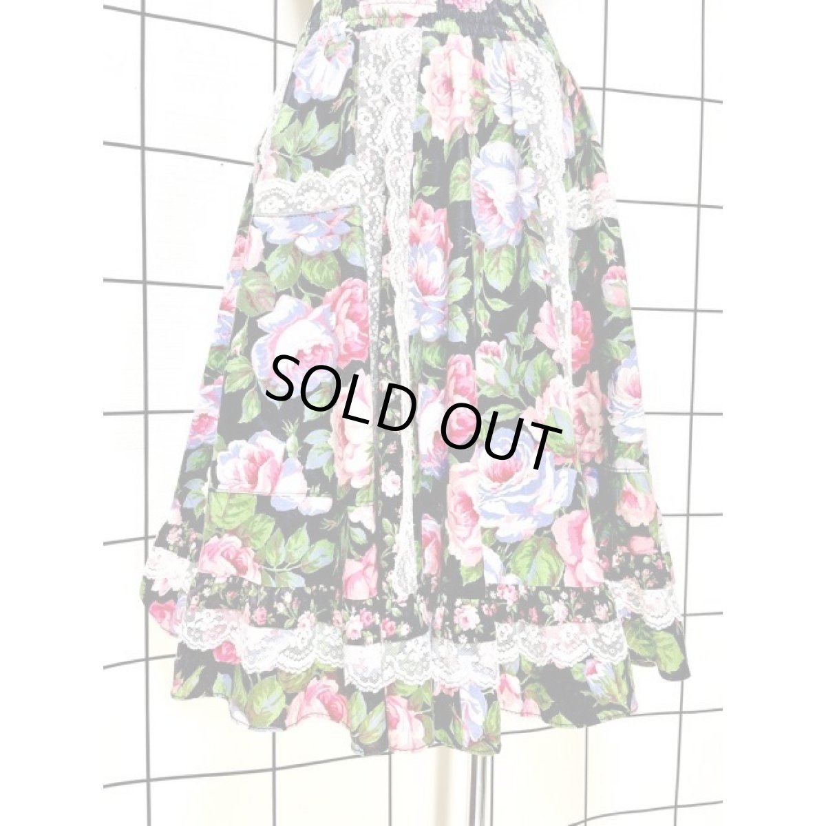 画像3: 花柄切り替えし レース装飾 ウエストゴム ガーリー アメリカ古着 ヴィンテージサーキュラースカート (3)