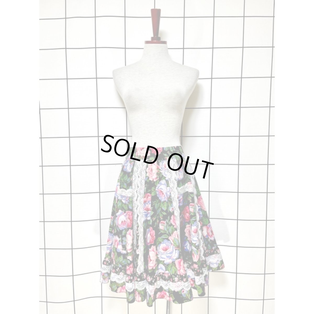 画像5: 花柄切り替えし レース装飾 ウエストゴム ガーリー アメリカ古着 ヴィンテージサーキュラースカート (5)