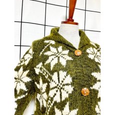 画像6: 雪の結晶模様編み グリーン レトロ アメリカ古着 ヴィンテージ ロングニットカーディガン (6)