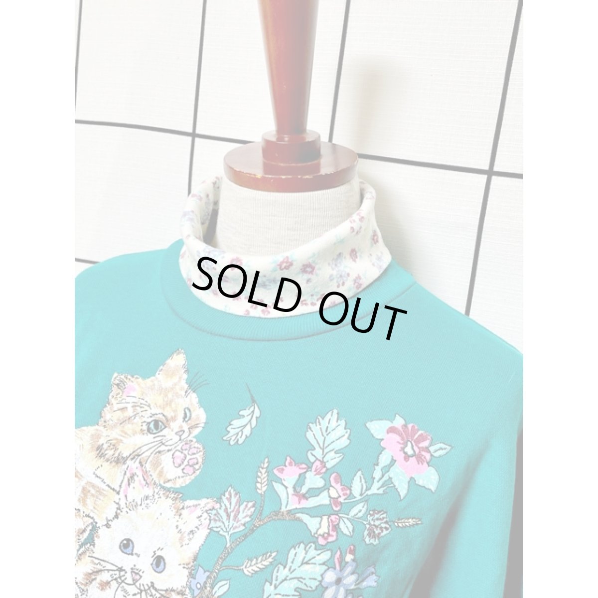 画像4: ネコ 猫 タートルネック  グリーン レトロ アメリカ古着 ヴィンテージスウェット (4)