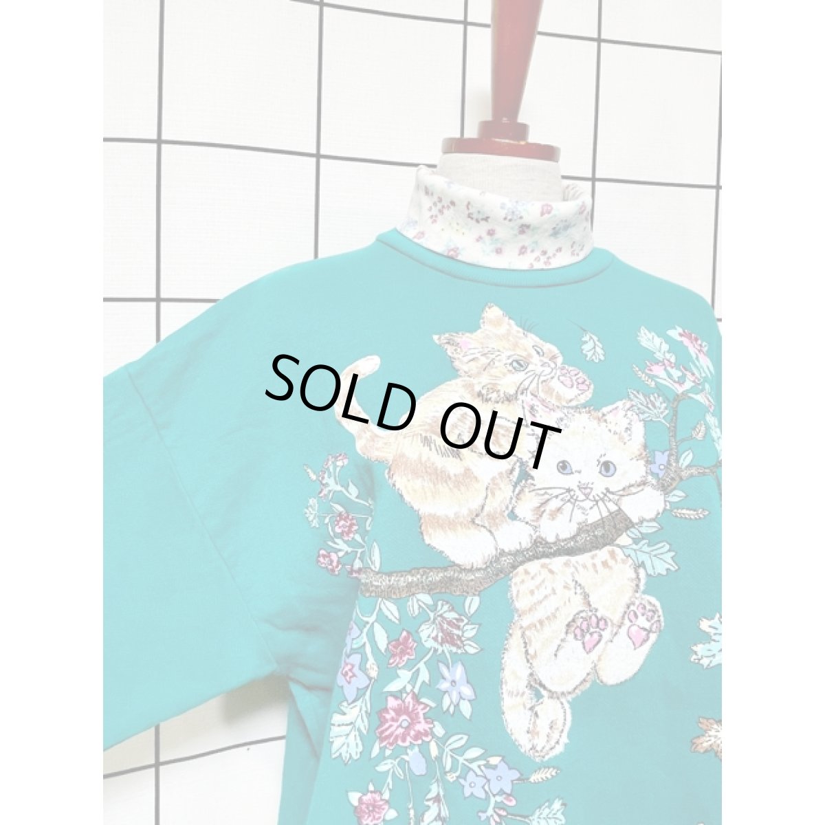 画像6: ネコ 猫 タートルネック  グリーン レトロ アメリカ古着 ヴィンテージスウェット (6)