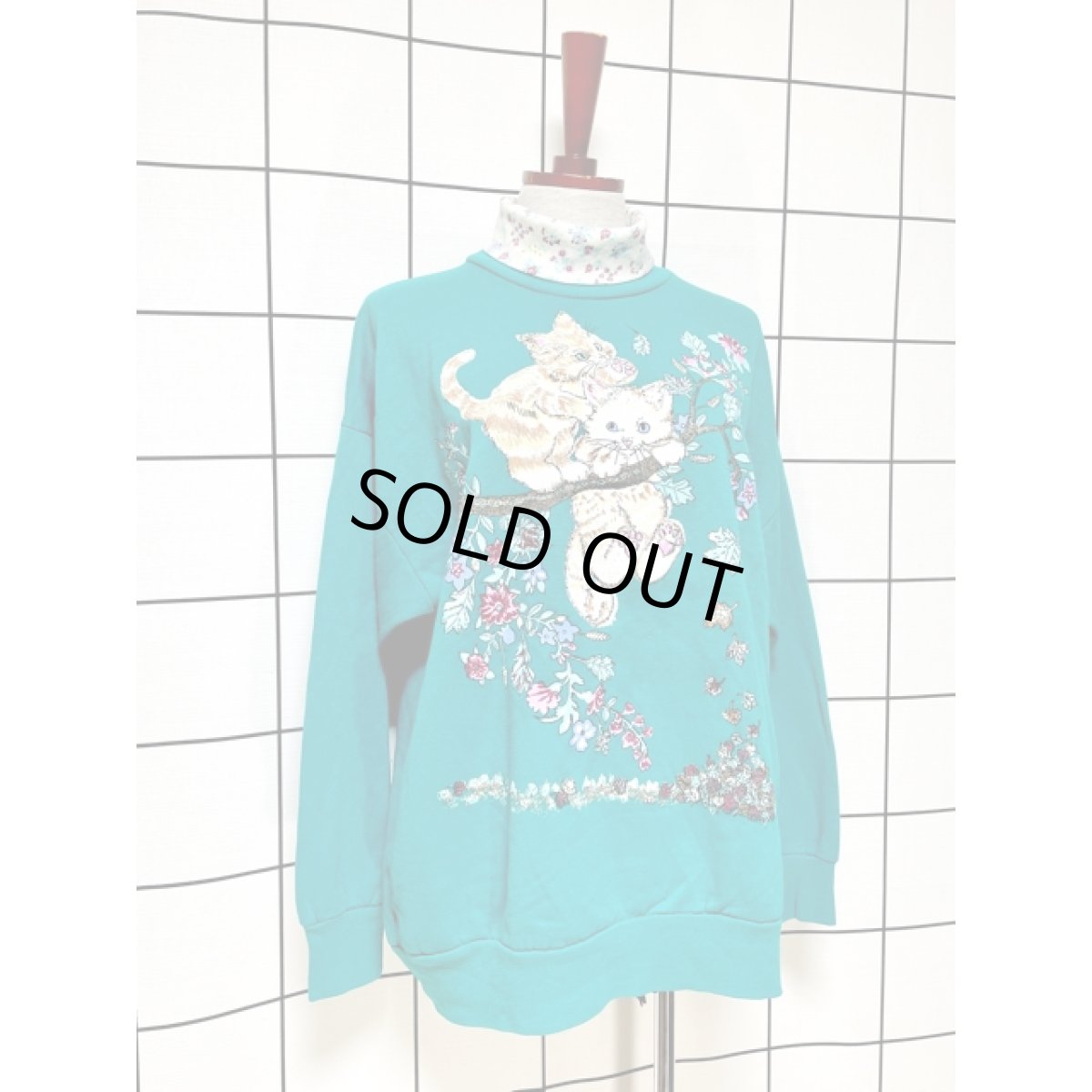 画像3: ネコ 猫 タートルネック  グリーン レトロ アメリカ古着 ヴィンテージスウェット (3)