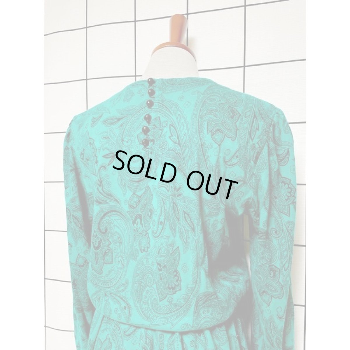 画像3: ペイズリー グリーン アクリル ウエストゴム レトロ アメリカ古着 ヴィンテージワンピース (3)