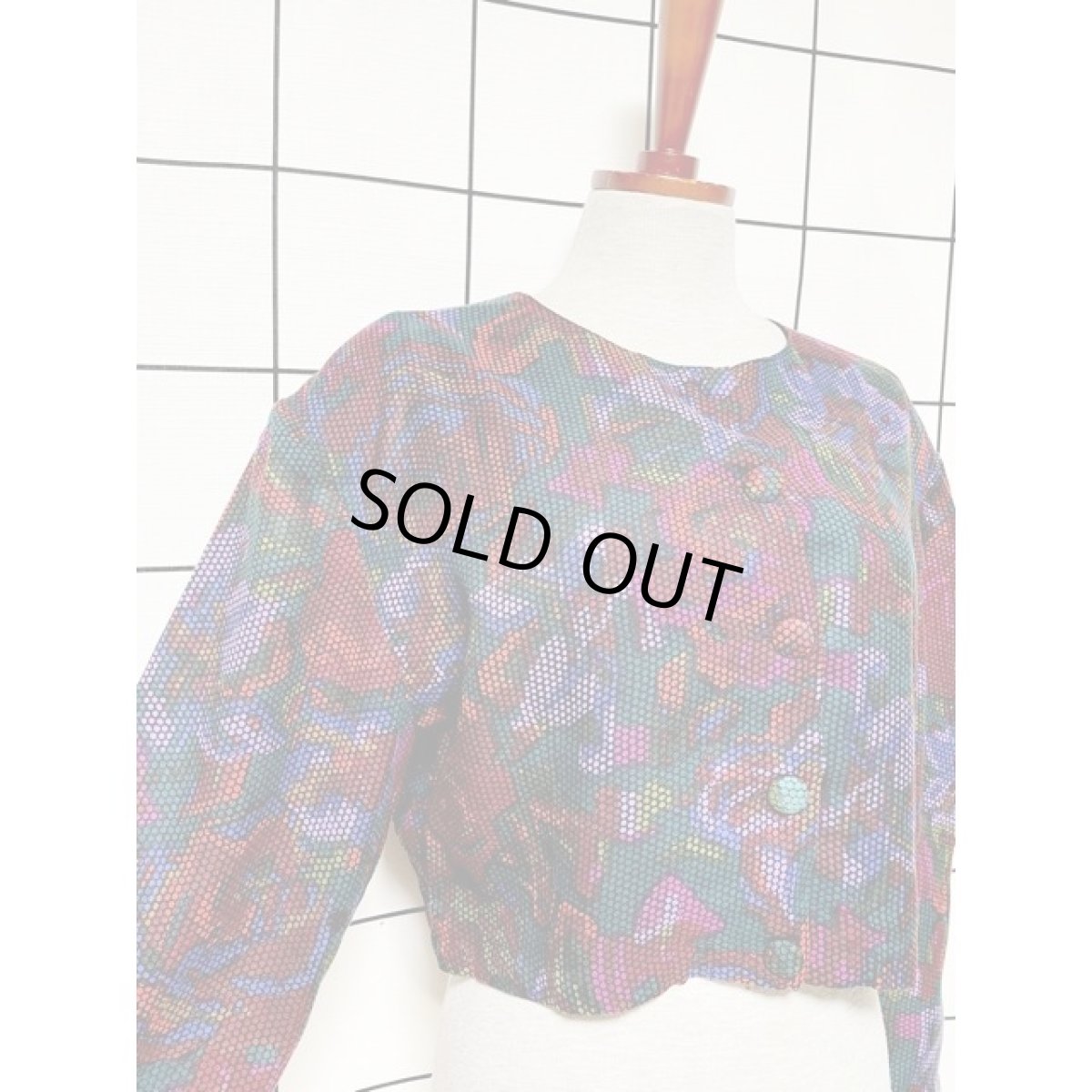 画像6: ショート丈 ノーカラー アート柄 レトロ 古着 ヴィンテージジャケット (6)