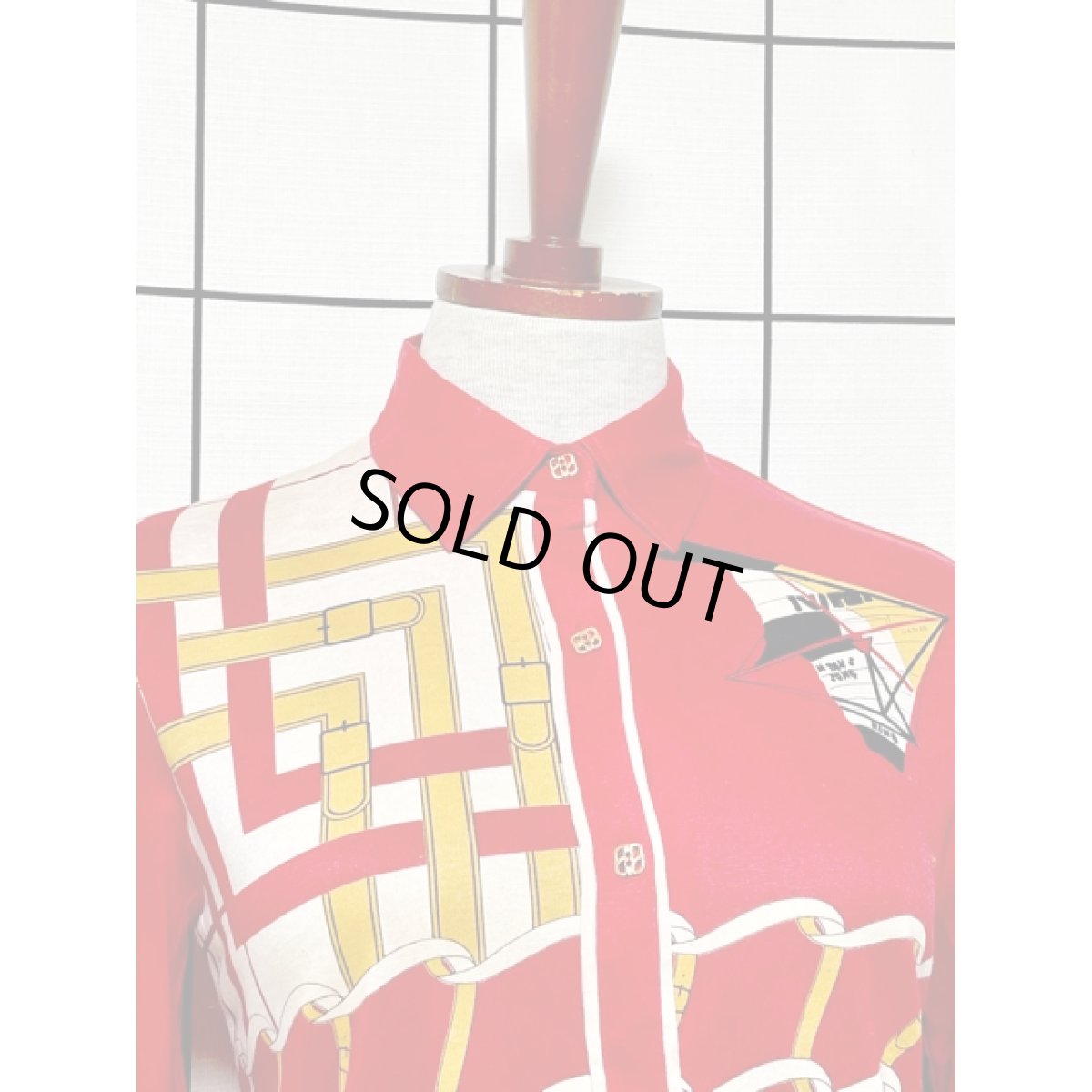 画像5: レトロブラウス マルチ柄 70's レッド 昭和レトロポップ 古着 長袖 シャツ (5)