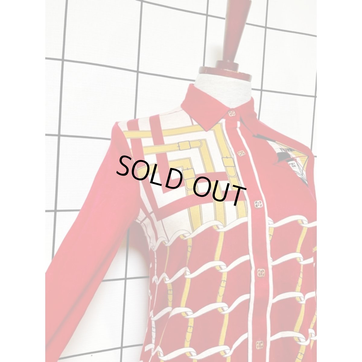 画像6: レトロブラウス マルチ柄 70's レッド 昭和レトロポップ 古着 長袖 シャツ (6)