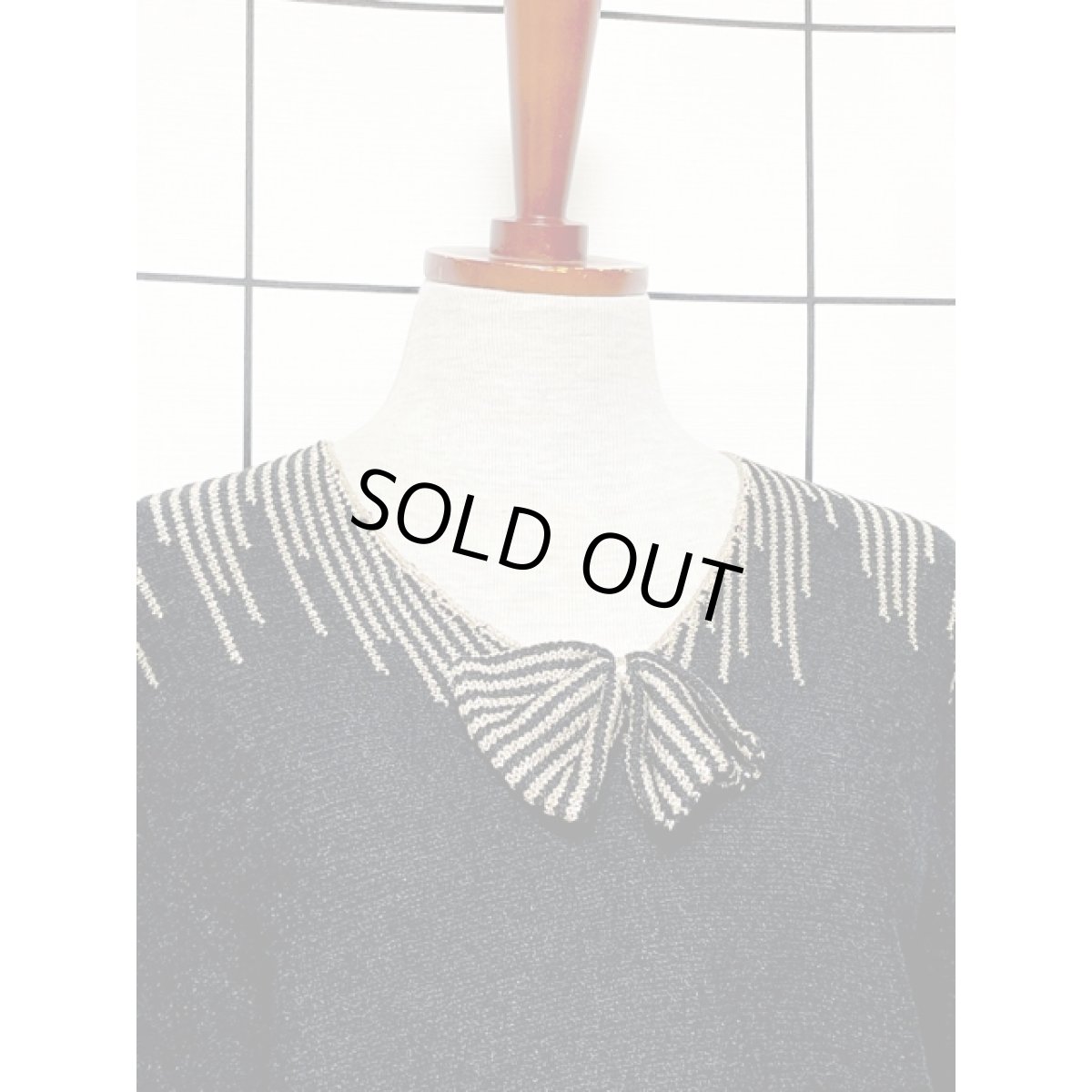 画像5: ストライプラメ フロントリボン プルオーバー ブラック レトロ アメリカ古着 ニットセーター (5)