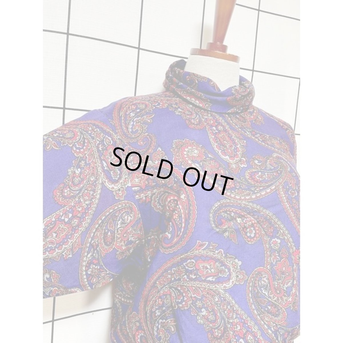 画像7: ペイズリー ハイネック ブルー ウエストゴム レトロ アメリカ古着 ヴィンテージワンピース (7)