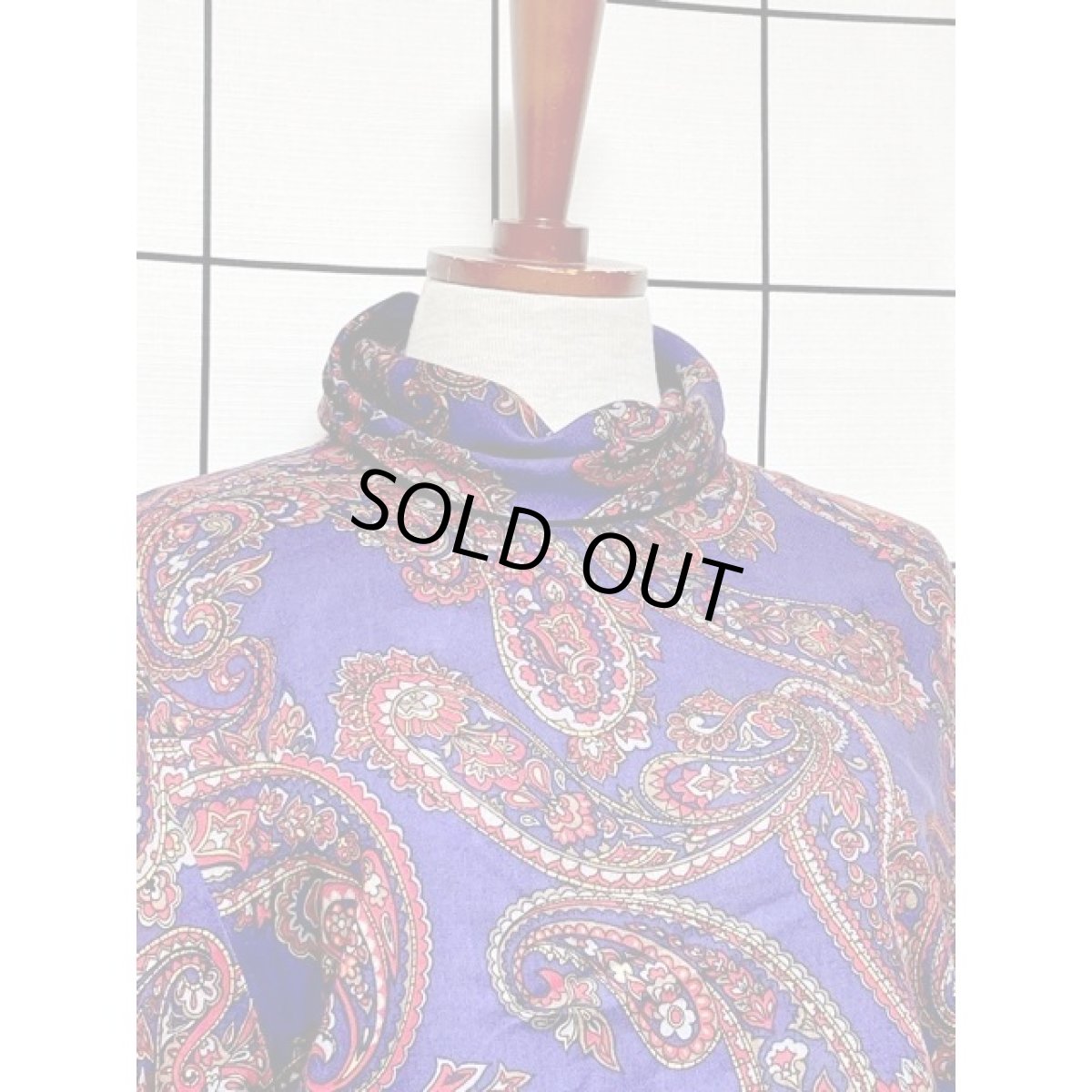 画像6: ペイズリー ハイネック ブルー ウエストゴム レトロ アメリカ古着 ヴィンテージワンピース (6)