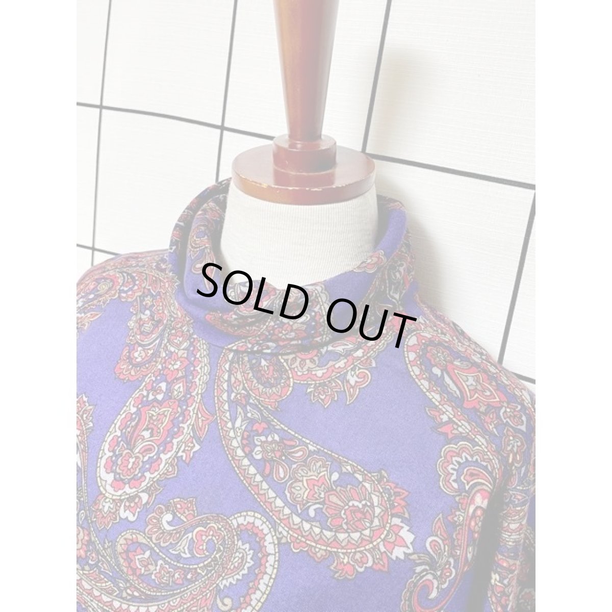 画像5: ペイズリー ハイネック ブルー ウエストゴム レトロ アメリカ古着 ヴィンテージワンピース (5)