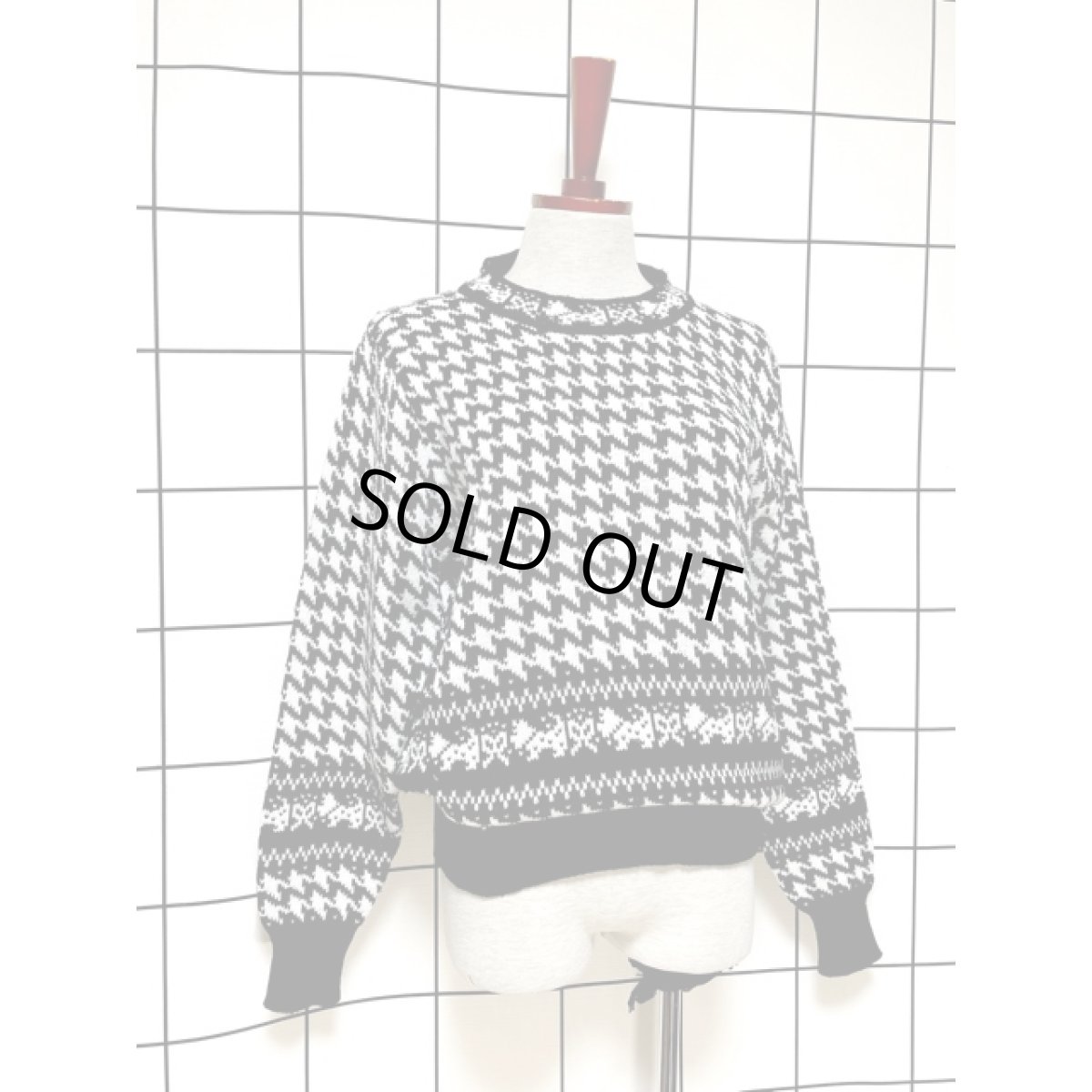 画像3: 千鳥格子模様編み モノクロ プルオーバー レトロ アメリカ古着 ニットセーター (3)