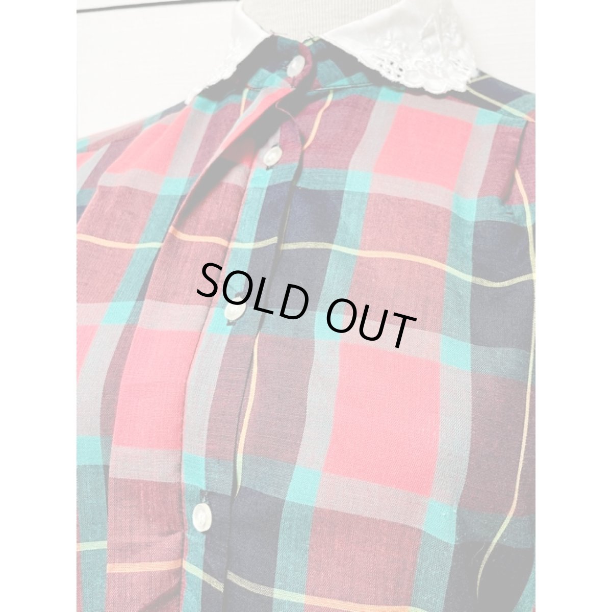 画像9: チェック レース襟 レトロ シャツ 長袖 アメリカ古着 ヴィンテージブラウス (9)