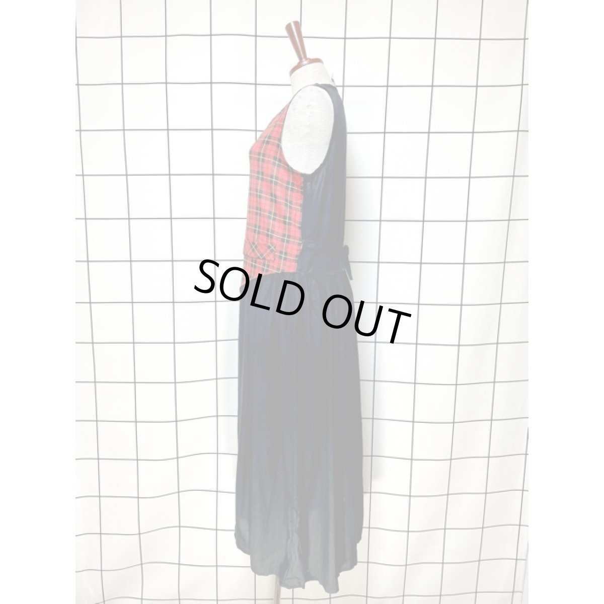 画像2: トラッドガーリー チェック柄 切り替え ノースリーブ レトロ アメリカ古着 ヴィンテージワンピース (2)