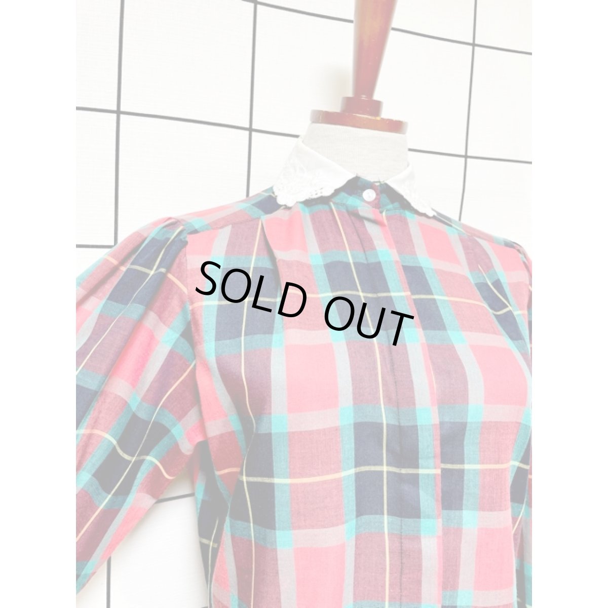 画像7: チェック レース襟 レトロ シャツ 長袖 アメリカ古着 ヴィンテージブラウス (7)