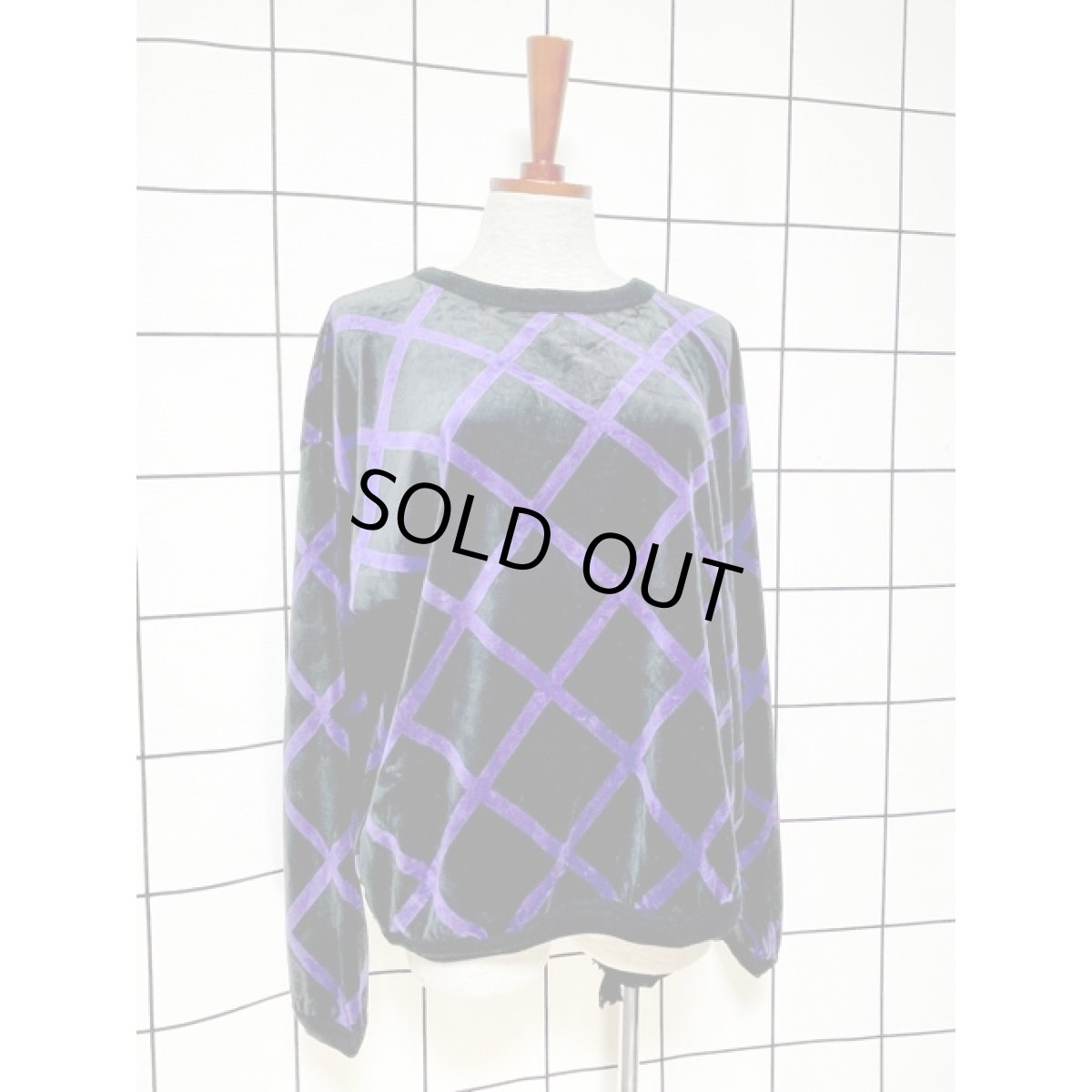 画像3: ベロア 斜めチェック ブラック パープル プルオーバー レトロ アメリカ古着 ヴィンテージトップス (3)