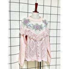 画像3: フリンジ装飾 お花編み ピンク プルオーバー レトロ アメリカ古着 ニットセーター (3)