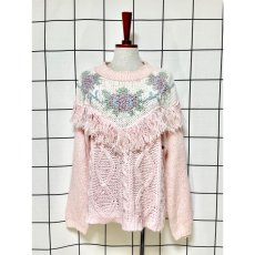 画像1: フリンジ装飾 お花編み ピンク プルオーバー レトロ アメリカ古着 ニットセーター (1)
