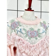 画像5: フリンジ装飾 お花編み ピンク プルオーバー レトロ アメリカ古着 ニットセーター (5)