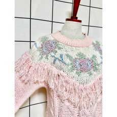 画像6: フリンジ装飾 お花編み ピンク プルオーバー レトロ アメリカ古着 ニットセーター (6)