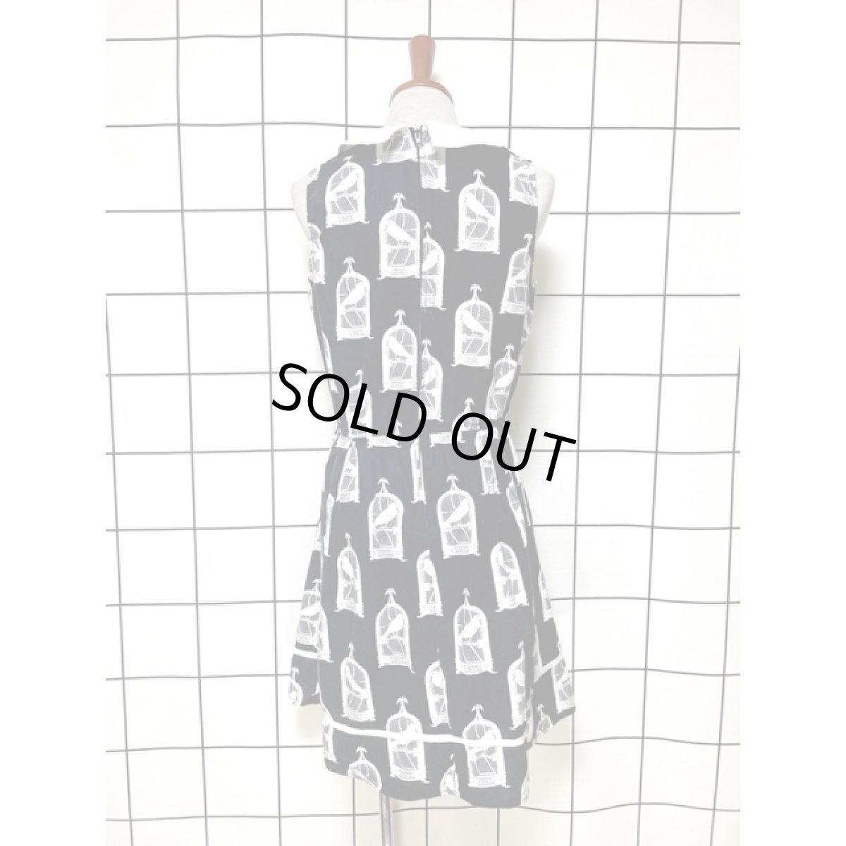 画像3: 鳥 鳥籠柄 ブラック レトロ アメリカ古着 ノースリーブワンピース (3)