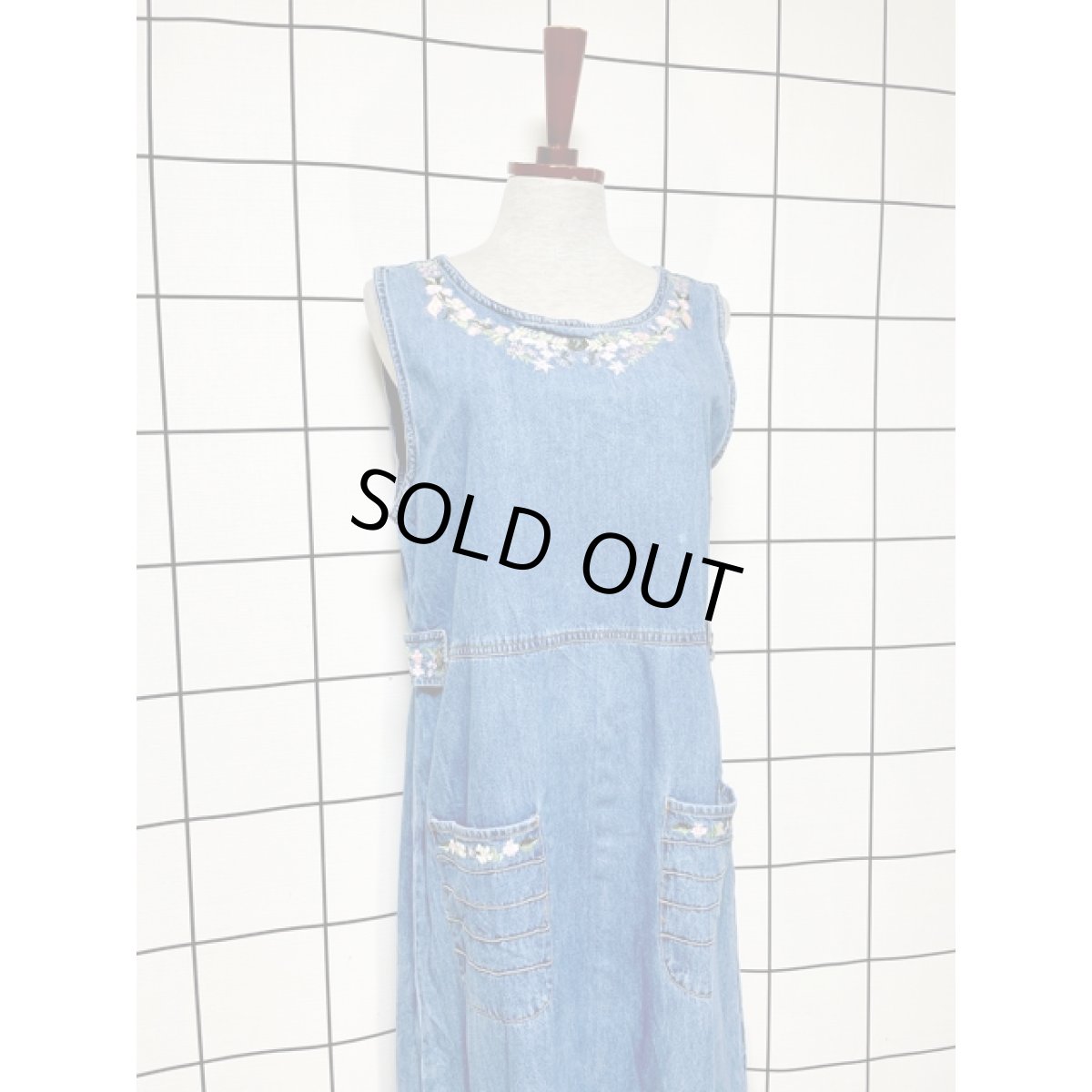 画像4: デニム 刺繍 古着 ノースリーブ レトロ ヴィンテージワンピース (4)