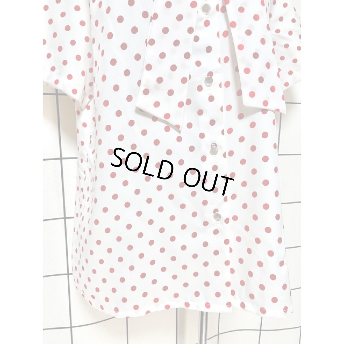 画像7: ドット リボンタイ UNIONMADE ホワイト レッド レトロ シャツ ヴィンテージブラウス (7)